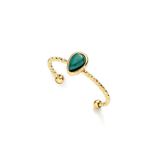Image de Bagues Ouvert en Acier Inoxydable & Gemme Plaqué Or Réel 14K Vert Goutte d'Eau 18mm (Taille d'US 7.75) , 1 Pièce