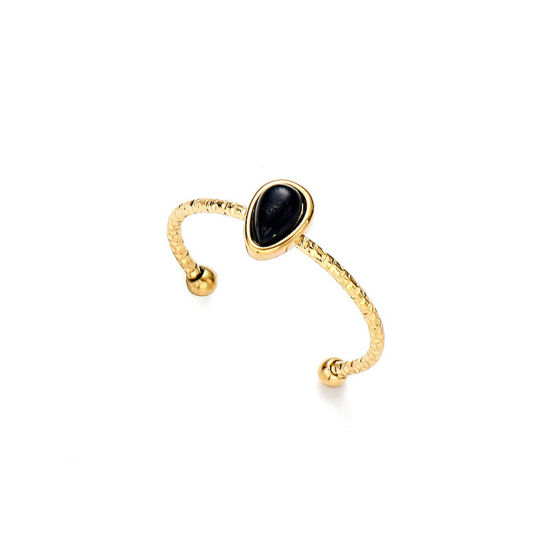 Image de Bagues Ouvert en Acier Inoxydable & Gemme Plaqué Or Réel 14K Noir Goutte d'Eau 18mm (Taille d'US 7.75) , 1 Pièce