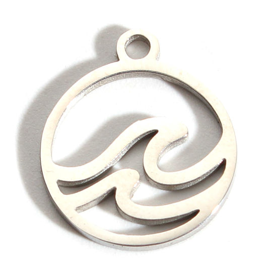 Bild von 201 Edelstahl Charms Rund Silberfarbe Welle Hohl 14mm x 12mm, 2 Stück