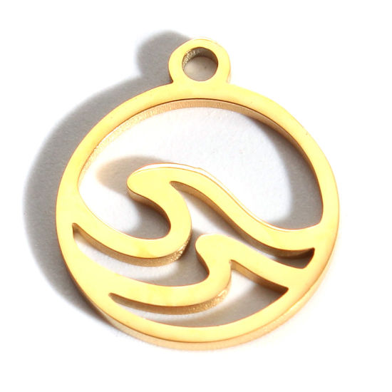 Bild von 201 Edelstahl Charms Rund Vergoldet Welle Hohl 14mm x 12mm, 2 Stück