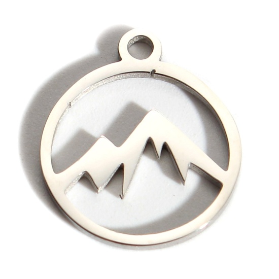 Bild von 201 Edelstahl Charms Rund Silberfarbe Mountain Hohl 14mm x 12mm, 2 Stück