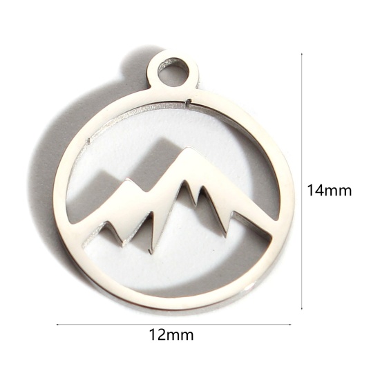 Bild von 201 Edelstahl Charms Rund Silberfarbe Mountain Hohl 14mm x 12mm, 2 Stück
