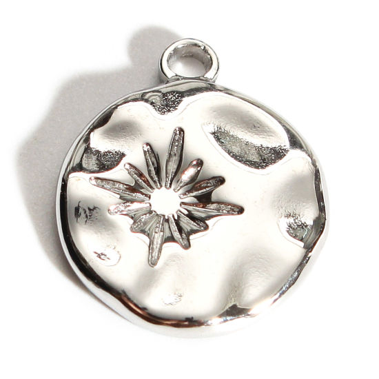 Immagine di 201 Acciaio Inossidabile Martellato Charms Tondo Tono Argento Stella 19mm x 15mm, 1 Pz