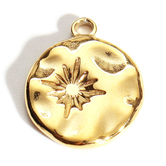 Immagine di 201 Acciaio Inossidabile Martellato Charms Tondo Oro Placcato Stella 19mm x 15mm, 1 Pz