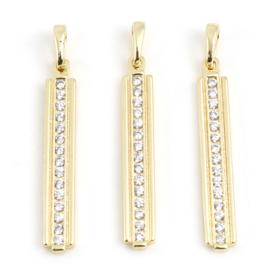 Imagen de Latón Micro Pave Colgantes Rectángulo Chapado en Oro Transparente Rhinestone 3.5cm x 0.5cm, 1 Unidad