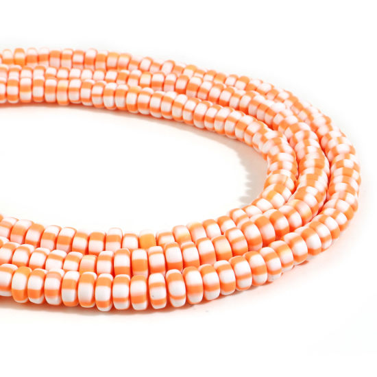 Image de Perles en Pâte Polymère Plat-Rond Orange Rayées 7mm-8mm Dia, Taille de Trou: 1.5mm, 39.5cm long, 2 Enfilades (Env. 110 PCs/Enfilade)