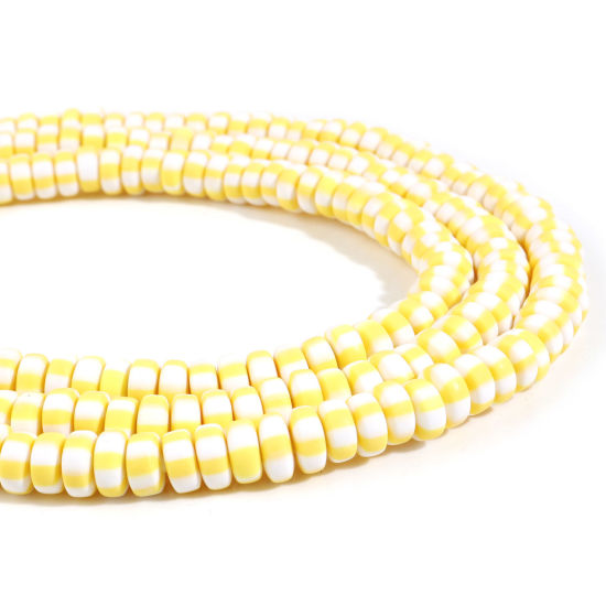 Image de Perles en Pâte Polymère Plat-Rond Jaune Rayées 7mm-8mm Dia, Taille de Trou: 1.5mm, 39.5cm long, 2 Enfilades (Env. 110 PCs/Enfilade)