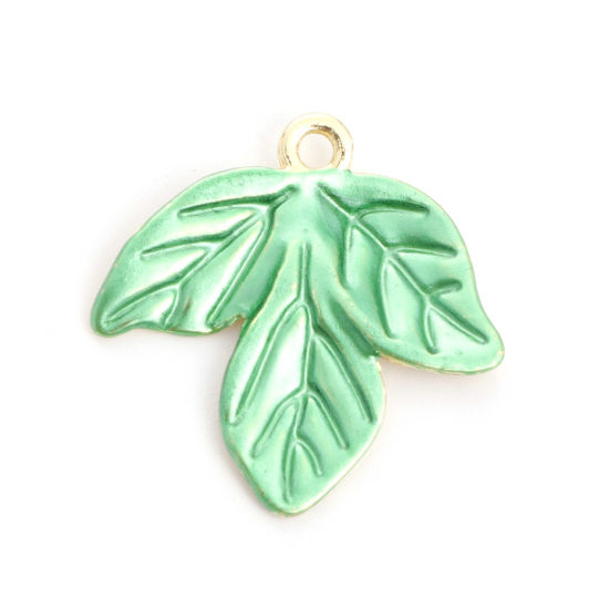 Picture of Zinc Based Alloy Charms Leaf Gold Plated Green Painted 20mm x 20mm, 10 PCs