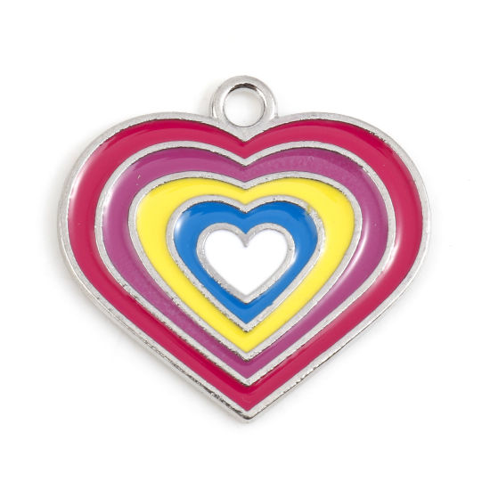 Bild von Zinklegierung Valentinstag Charms Herz Silberfarbe Bunt Emaille 25mm x 24mm, 10 Stück