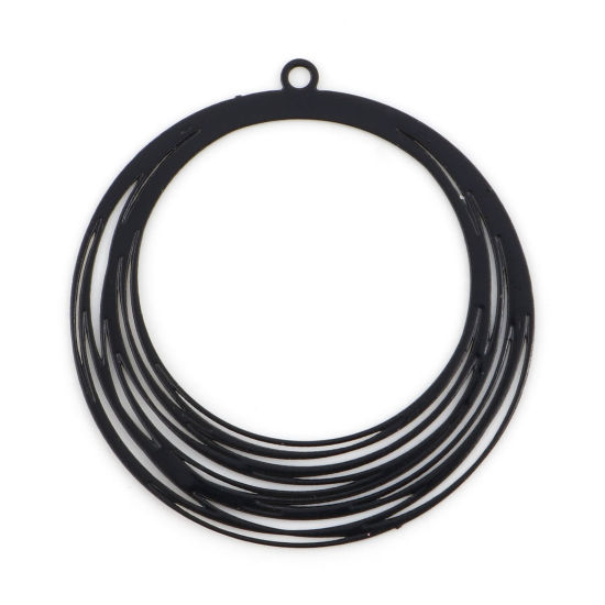 Image de Pendentifs Estampe en Filigrane en Alliage de Fer Rond Noir Laqué 3.2cm x 3cm, 10 Pcs