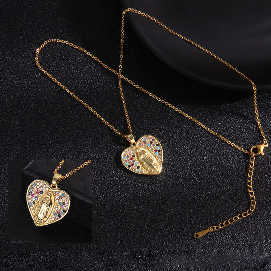 Image de Colliers en Acier Inoxydable & Cuivre Religieux Doré Cœur Sainte Vierge Marie à Zirconia Cubique Multicolore 40cm Long, 1 Pièce