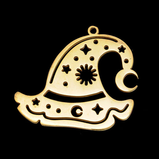 Bild von Edelstahl Anhänger Hut Vergoldet Schneeflocke Hohl 33mm x 28.5mm, 5 Stück