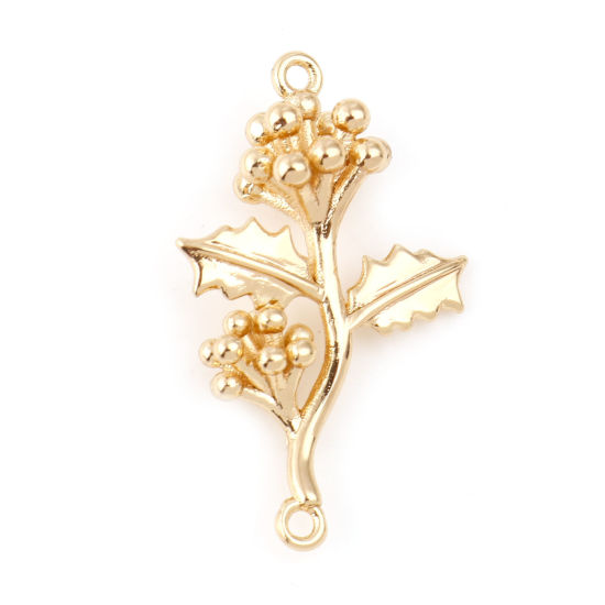 Image de Connecteurs Fleur de Mois de Naissance Décembre en Laiton Plaqué Or Véritable Feuille de Houx de Noël 24mm x 15mm, 2 Pcs