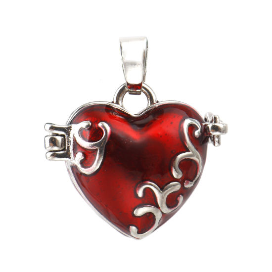 Picture of 1 Piece Brass Charm Pendant Mexican Angel Caller Bola Harmony Ball Wish Box Locket Carved Pattern Silver Tone Red Can Open 25x21mm - 22x21mm
