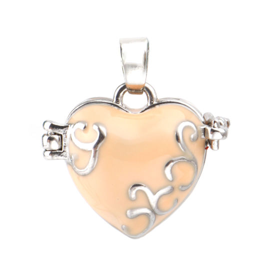 Picture of 1 Piece Brass Charm Pendant Mexican Angel Caller Bola Harmony Ball Wish Box Locket Carved Pattern Silver Tone Peachy Beige Can Open 25x21mm - 22x21mm