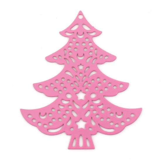 10 個 合金 透かしパーツ ペンダント ピンク クリスマスツリー ペインティング 4cm x 3.5cm、 の画像