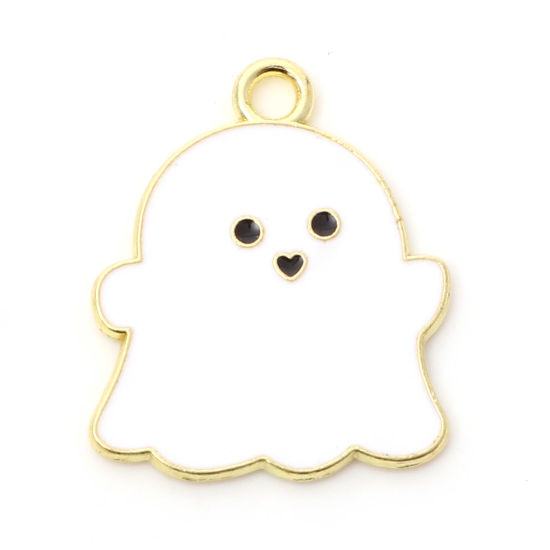 Picture of Zinc Based Alloy Halloween Charms Gold Plated White Ghost Enamel 22mm x 18mm, 10 PCs