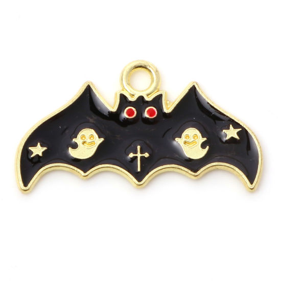 Picture of Zinc Based Alloy Halloween Charms Gold Plated Black Bat Animal Enamel 25mm x 14mm, 10 PCs