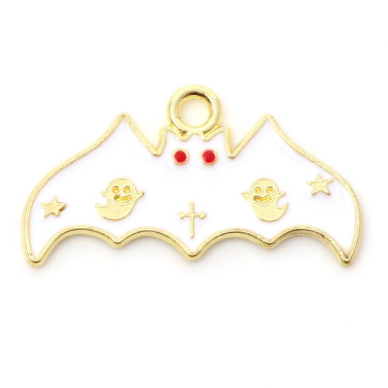 Picture of Zinc Based Alloy Halloween Charms Gold Plated White Bat Animal Enamel 25mm x 14mm, 10 PCs