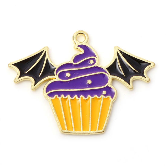 Picture of Zinc Based Alloy Halloween Pendants Gold Plated Yellow & Purple Wing Cake Enamel 3cm x 2.2cm, 10 PCs