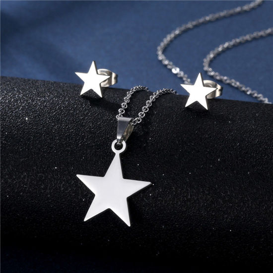 ステンレス鋼 宇宙銀河シリーズ ネックレス ピアス イヤリングセット シルバートーン 星 45cm長さ、 17mm x 15mm、 1 セット の画像