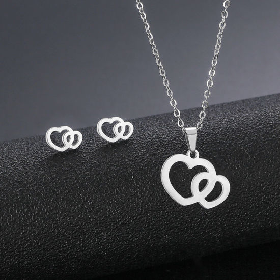 ステンレス鋼 バレンタイン デー ネックレス ピアス イヤリングセット シルバートーン ハート 透かし 45cm長さ、 17mm x 15mm、 1 セット の画像