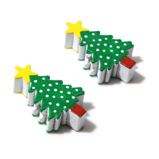 ウッド ビーズ クリスマスツリー 緑 約 3cm x 1.8cm、 穴：約 2.5mm、 10 個 の画像