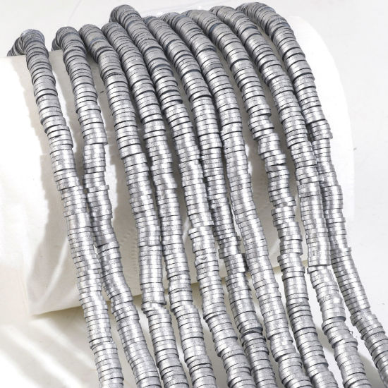 Image de Perles Heishi Katsuki en Pâte Polymère Rond Argent 6mm Dia, Taille de Trou: 2mm, 39.5cm long, 2 Enfilades (Env. 330 PCs/Enfilade)