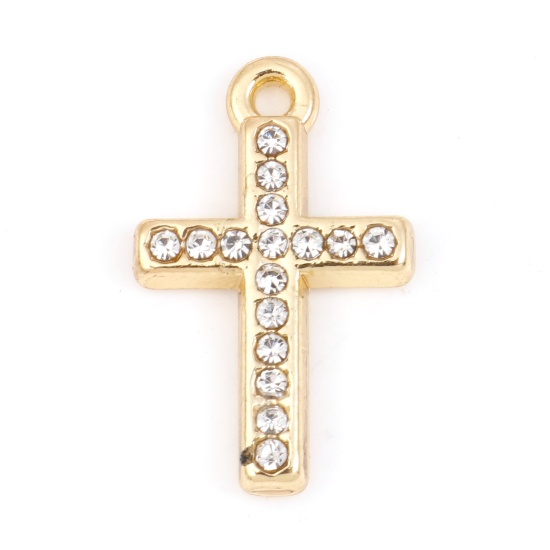 Imagen de Zamak Micro Pave Colgantes Charms Cruz Chapado en Oro Transparente Rhinestone 18mm x 11mm, 5 Unidades