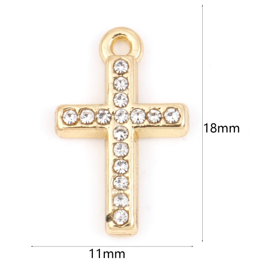 Imagen de Zamak Micro Pave Colgantes Charms Cruz Chapado en Oro Transparente Rhinestone 18mm x 11mm, 5 Unidades
