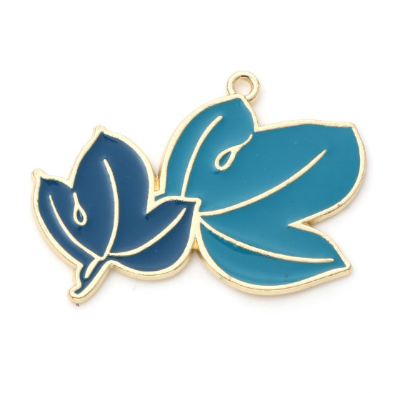 Picture of Zinc Based Alloy Pendants Gold Plated Blue Leaf Enamel 4cm x 2.8cm, 10 PCs