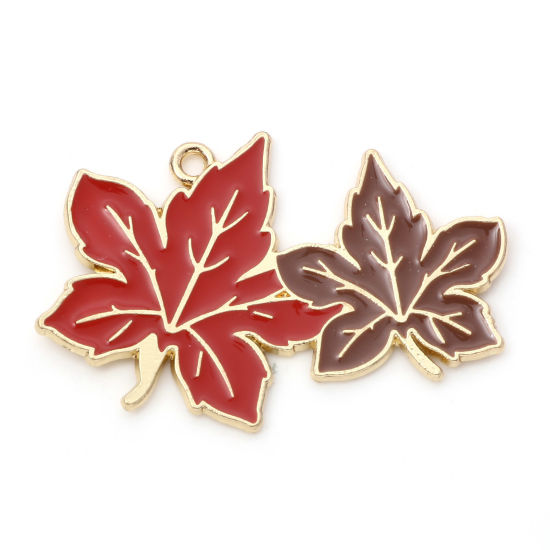 Picture of Zinc Based Alloy Pendants Gold Plated Red Leaf Enamel 4.2cm x 2.7cm, 10 PCs