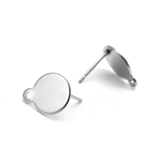 Picture of Stainless Steel Ins Style Ear Post Stud Earrings Round Silver Tone With Loop 8mm Dia., Post/ Wire Size: (20 gauge), 1 Piece