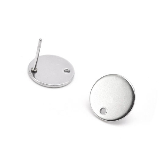 Picture of Stainless Steel Ins Style Ear Post Stud Earrings Round Silver Tone With Loop 12mm Dia., Post/ Wire Size: (20 gauge), 1 Piece