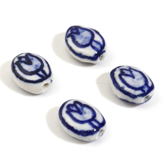 Bild von Keramik Flora Kollektion Perlen Oval Blau Tulpen ca. 14mm x 11mm, Loch:ca. 1.6mm, 5 Stück