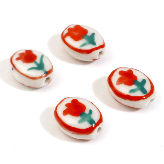 Bild von Keramik Flora Kollektion Perlen Oval Rot Tulpen ca. 14mm x 11mm, Loch:ca. 1.6mm, 5 Stück