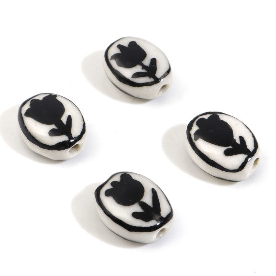 Bild von Keramik Flora Kollektion Perlen Oval Schwarz Tulpen ca. 14mm x 11mm, Loch:ca. 1.6mm, 5 Stück