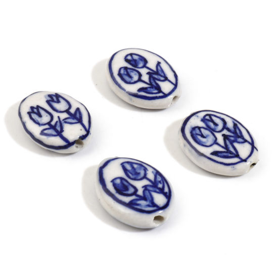 Bild von 5 Stück Keramik Flora Kollektion Perlen zur DIY-Schmuckherstellung Oval Blau Tulpen ca. 19mm x 16mm, Loch:ca. 1.6mm