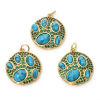 Picture of Brass Boho Chic Bohemia Charms 18K Real Gold Plated Blue Round Disc Imitation Turquoise Green Cubic Zirconia 25mm x 20mm, 1 Piece