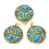 Picture of Brass Boho Chic Bohemia Charms 18K Real Gold Plated Blue Round Disc Imitation Turquoise Green Cubic Zirconia 25mm x 20mm, 1 Piece