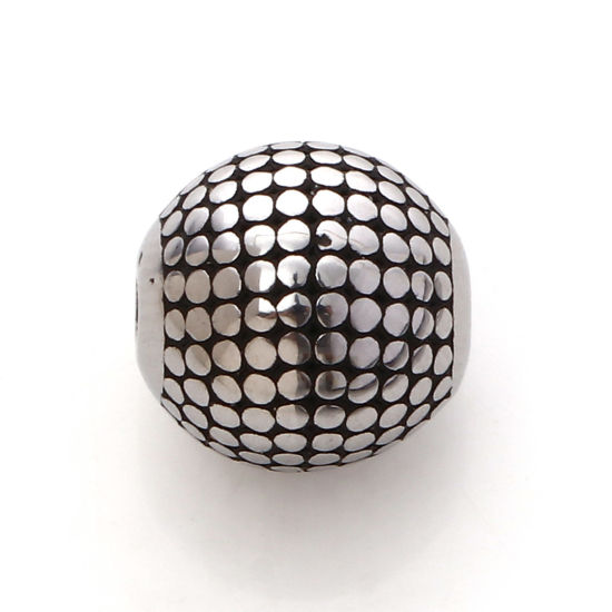 Image de Perles en 304 Acier Inoxydable Rond Argent Vieilli à Pois env. 9mm Dia., 1 Pièce