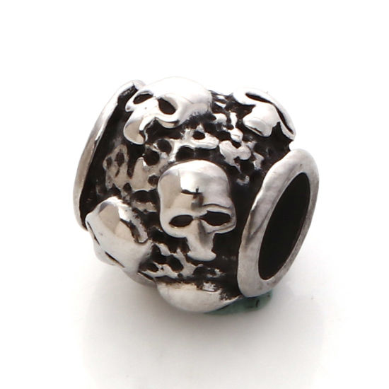 Image de Perles Halloween en 304 Acier Inoxydable Tambour Argent Vieilli Crânes 10mm x 8.5mm, 1 Pièce
