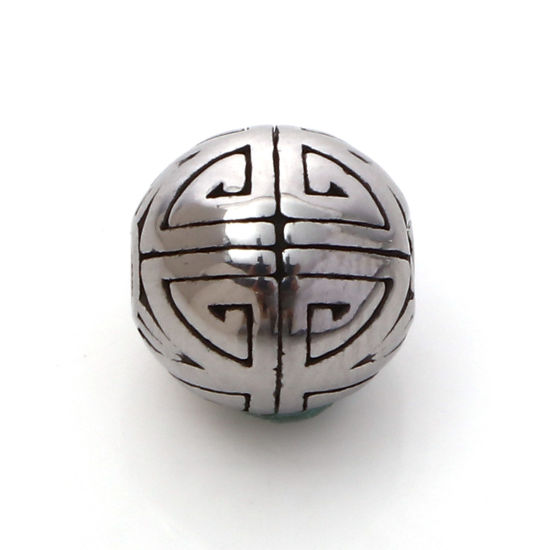 Image de Perles en 304 Acier Inoxydable Rond Argent Vieilli Motif Sculpté env. 9.5mm Dia., 1 Pièce
