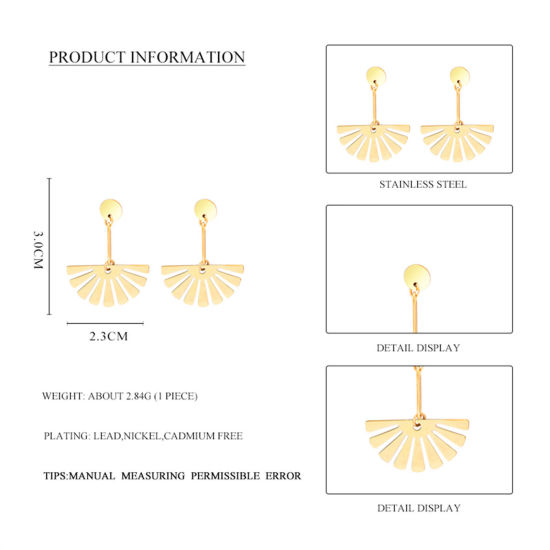 316ステンレス鋼 おしゃれ イヤリング 金メッキ 扇形 透かし 3cm x 2.3cm、 ワイヤーサイズ: （20号）、 1 ペア の画像