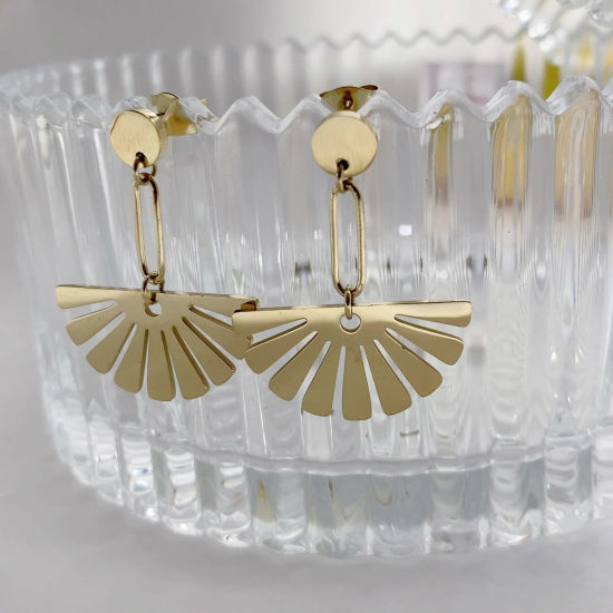 316ステンレス鋼 おしゃれ イヤリング 金メッキ 扇形 透かし 3cm x 2.3cm、 ワイヤーサイズ: （20号）、 1 ペア の画像