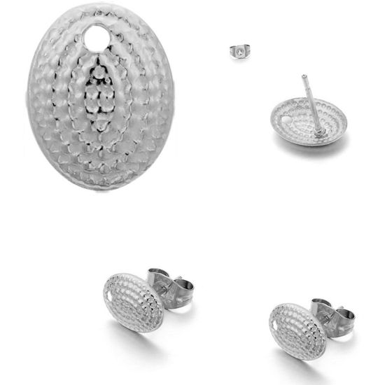 Picture of 304 Stainless Steel Ear Post Stud Earrings Oval Silver Tone With Loop 10mm x 7mm, 10 PCs