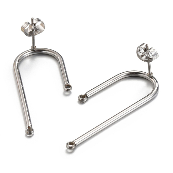 Picture of 304 Stainless Steel Ear Post Stud Earrings Arched Silver Tone With Loop 3.6cm x 1.5cm, Post/ Wire Size: (20 gauge), 2 PCs