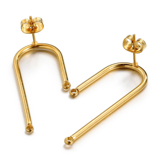 Picture of 2 PCs 304 Stainless Steel Ear Post Stud Earrings Arched 18K Gold Plated With Loop 3.6cm x 1.5cm, Post/ Wire Size: (20 gauge)