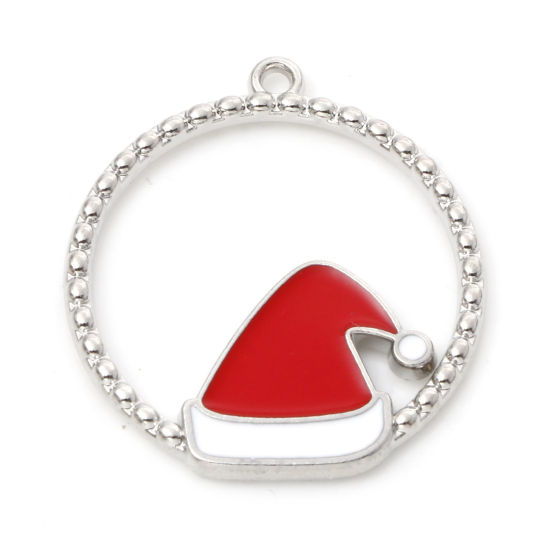Bild von Zinklegierung Charms Rund Silberfarbe Rot Weihnachten Weihnachtsmütze Emaille 25mm x 22mm, 10 Stück