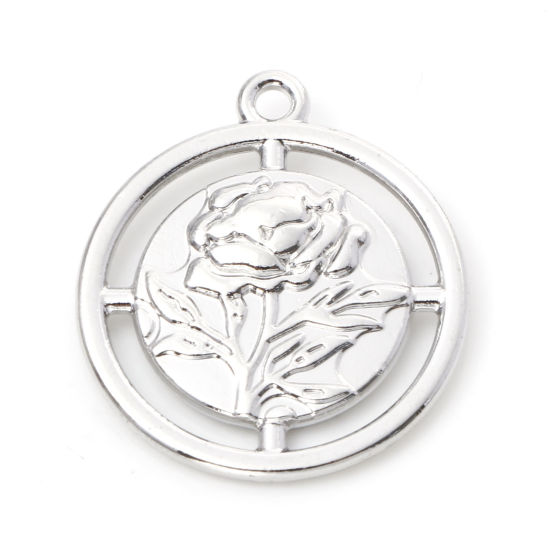 Bild von Zinklegierung Valentinstag Charms Rund Silberfarbe Rose Doppelseitig 23mm x 20mm, 10 Stück